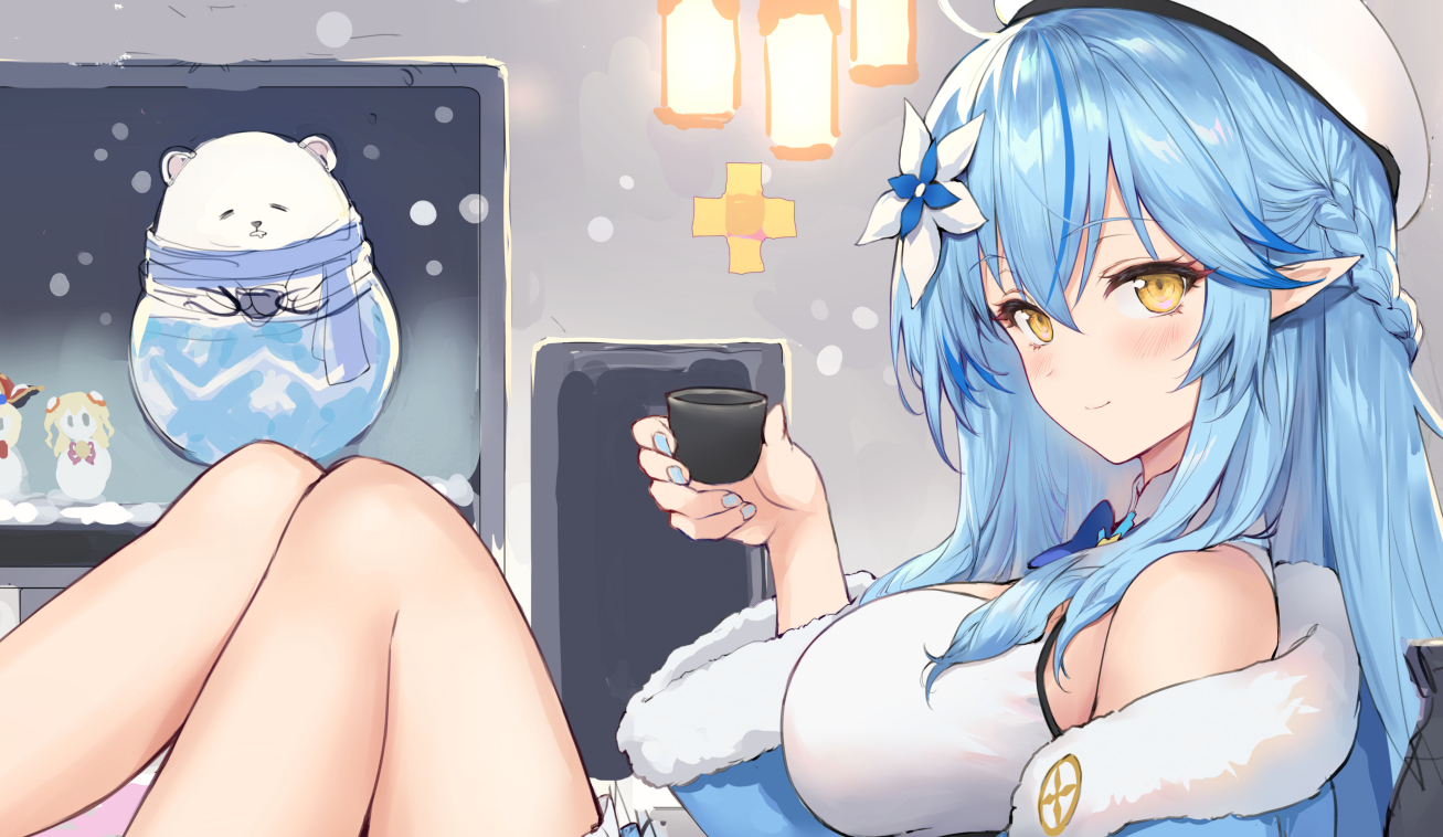 aliasing, blue_hair, braids, drink, haoni, hat, hololive, long_hair