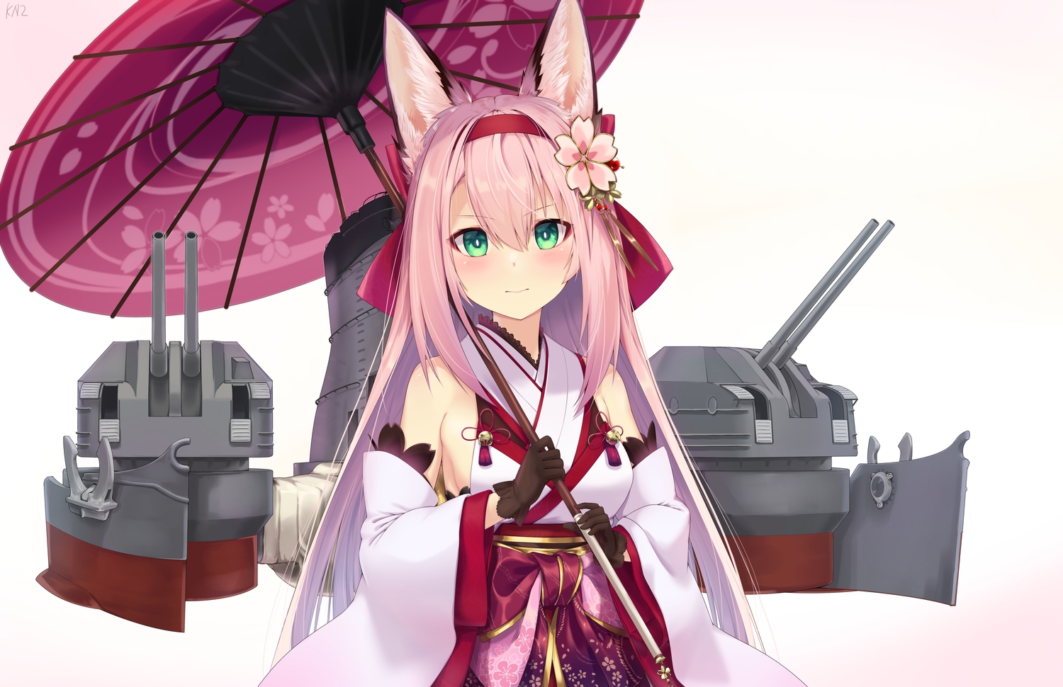 animal_ears, anthropomorphism, azur_lane, foxgirl, gloves, green_eyes, hanazuki_(azur_lane), japanese_clothes