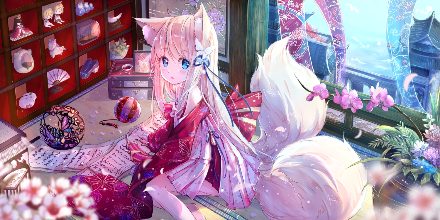 animal_ears, catgirl, chinese_clothes, flowers, long_hair, multiple_tails, original, peas_(peas0125)