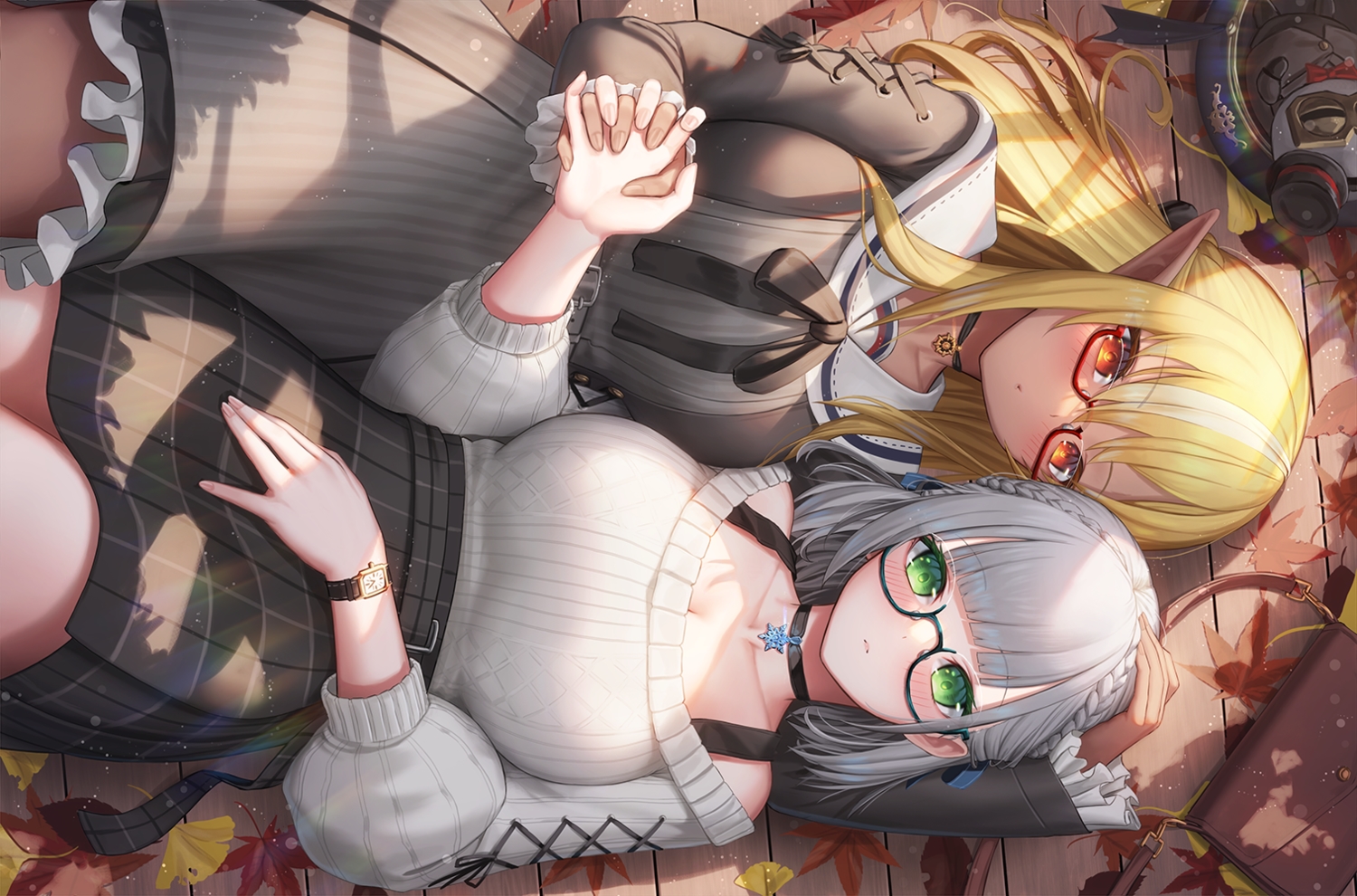 2girls, autumn, blonde_hair, braids, choker, dark_skin, dress, glasses