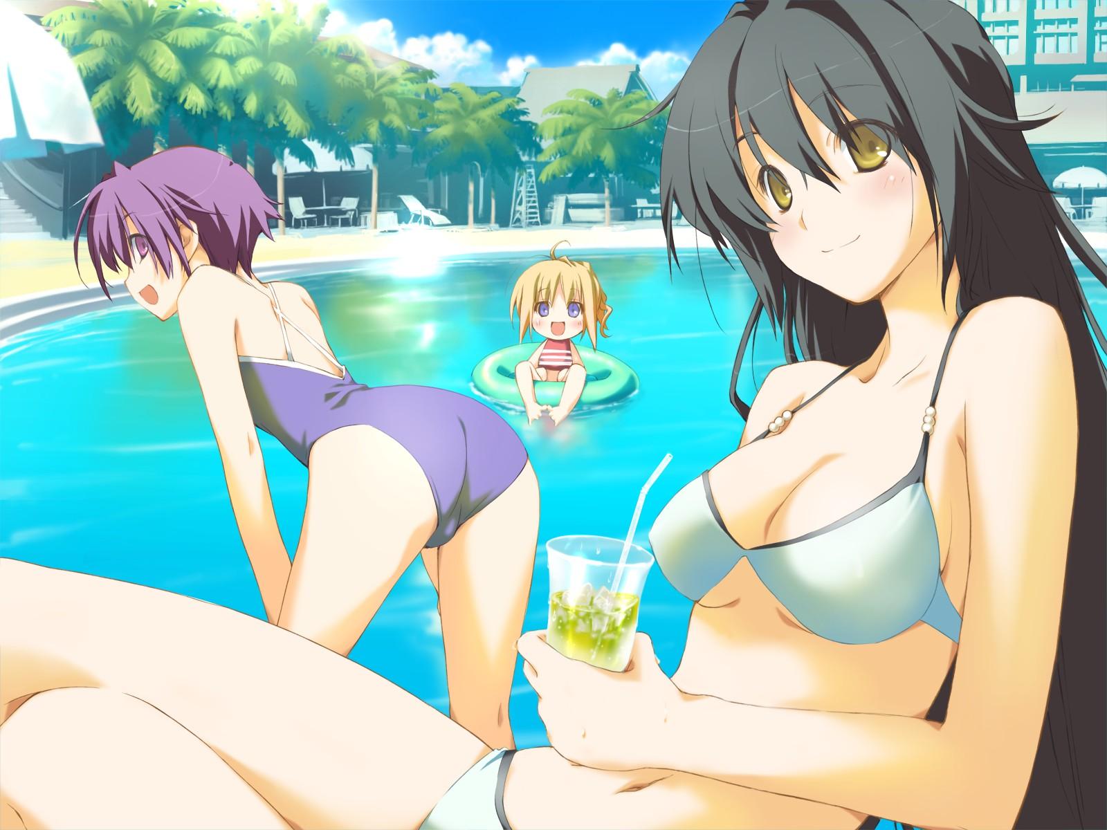 bikini, black_hair, blonde_hair, blue_eyes, breasts, cleavage, drink, favorite, game_cg, happy_margaret!, kitanoji_nozomi, kokonoka, minahase_karin, pool, purple_eyes, purple_hair, swimsuit, tsuwabuki_akira, water, yellow_eyes