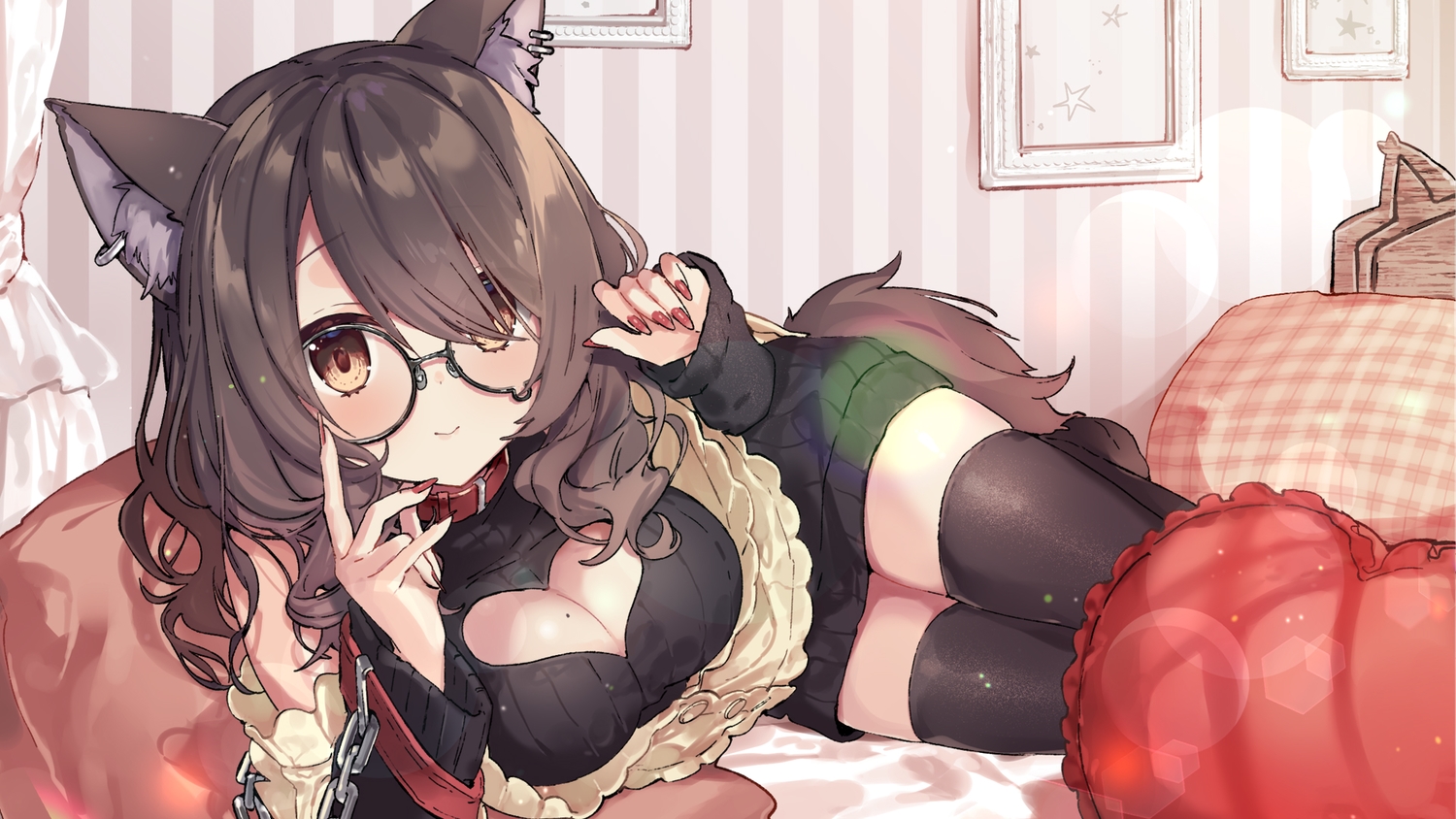 animal_ears, bed, breasts, cleavage, glasses, light_up, long_hair, tail, thighhighs, wolfgirl, yumesaki_nana, yuzuki_uru, zettai_ryouiki
