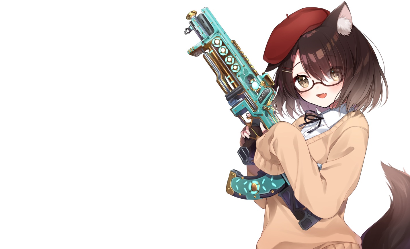 animal_ears, apex_legends, blush, brown_eyes, brown_hair, fang, glasses, gun
