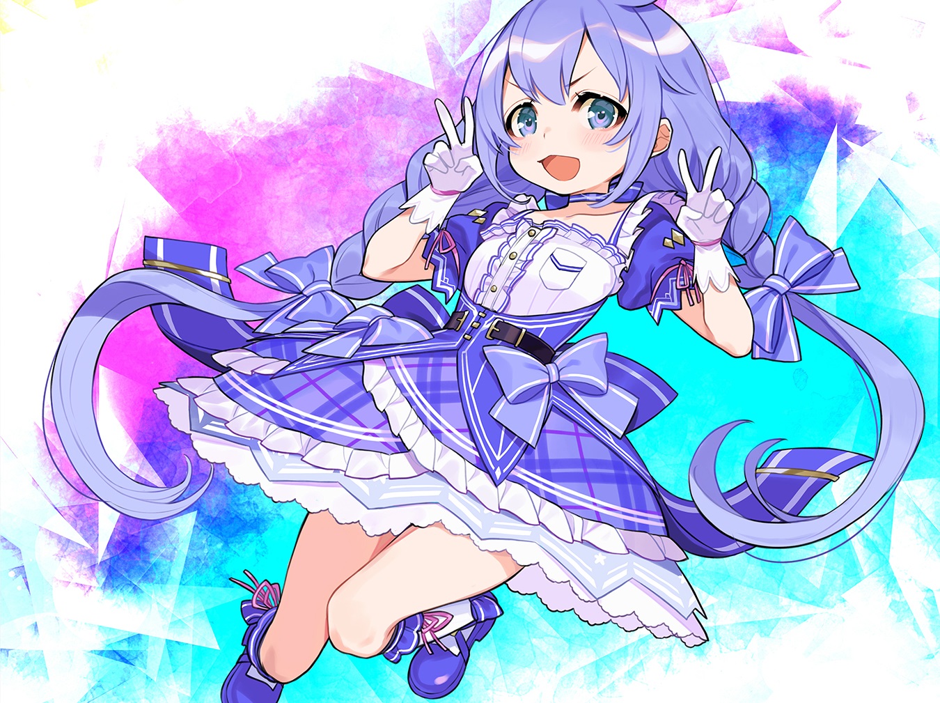 blue_eyes, blue_hair, blush, bow, braids, cat_smile, cropped, dress