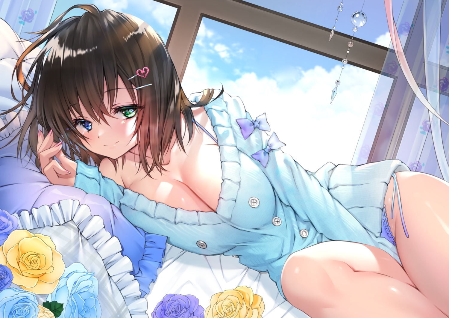 bed, bicolored_eyes, breasts, brown_hair, cleavage, flowers, original, panties