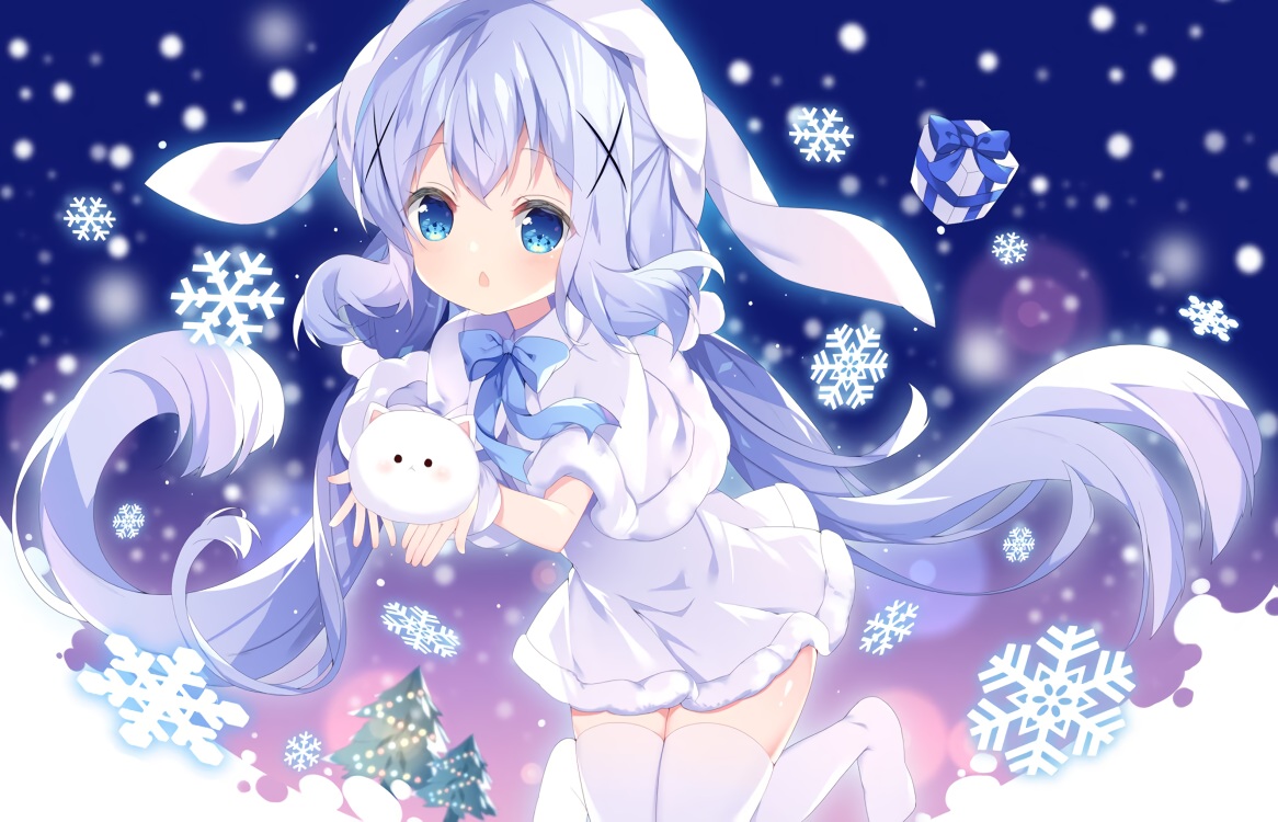 aliasing, dress, gochuumon_wa_usagi_desu_ka?, kafuu_chino, loli, long_hair, snow, thighhighs