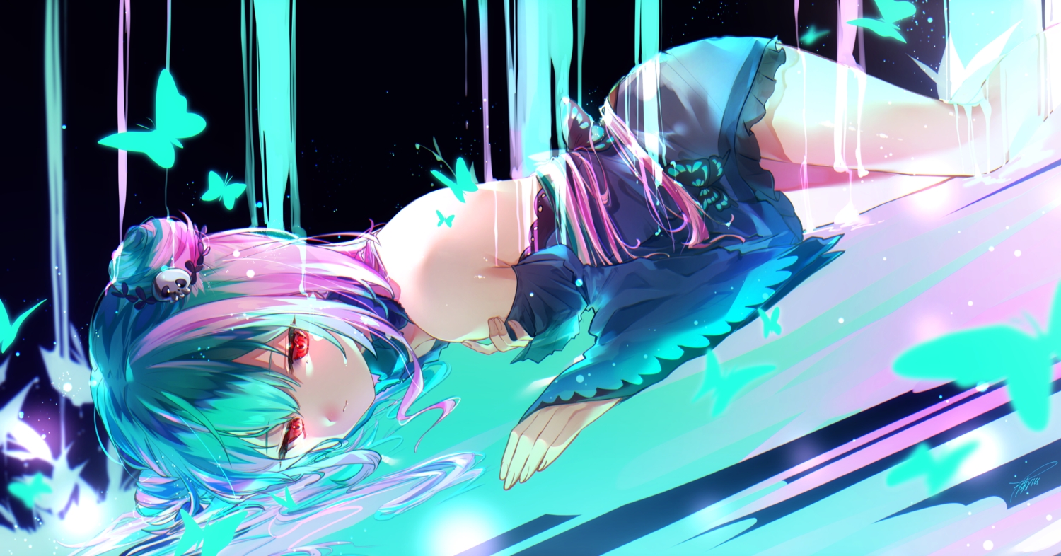 aqua_hair, butterfly, cropped, dress, harui_(hr_x9_), hololive, red_eyes, signed, uruha_rushia, water