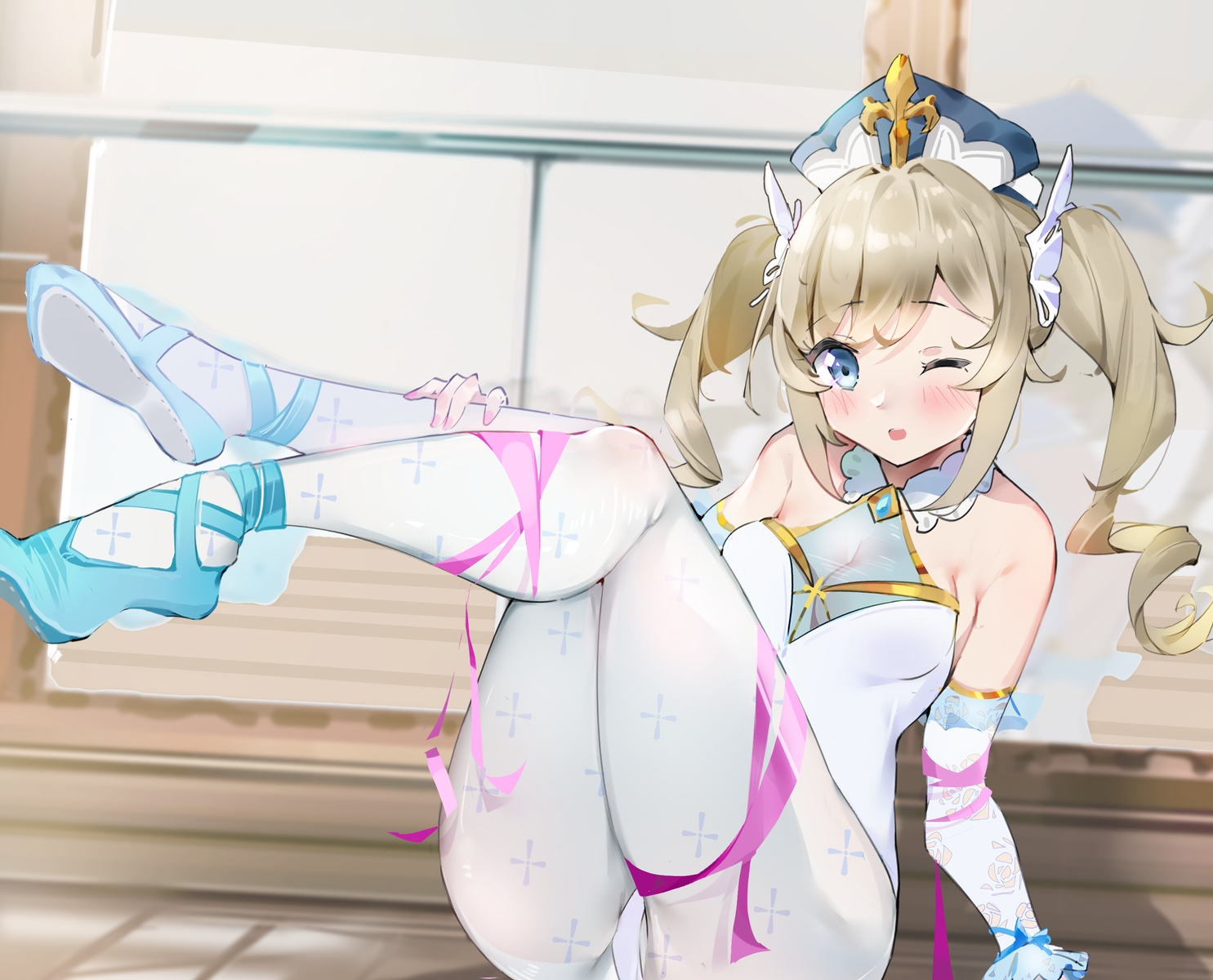 barbara_pegg, blue_eyes, brown_hair, genshin_impact, long_hair, ribbons, sanmery, twintails, wink