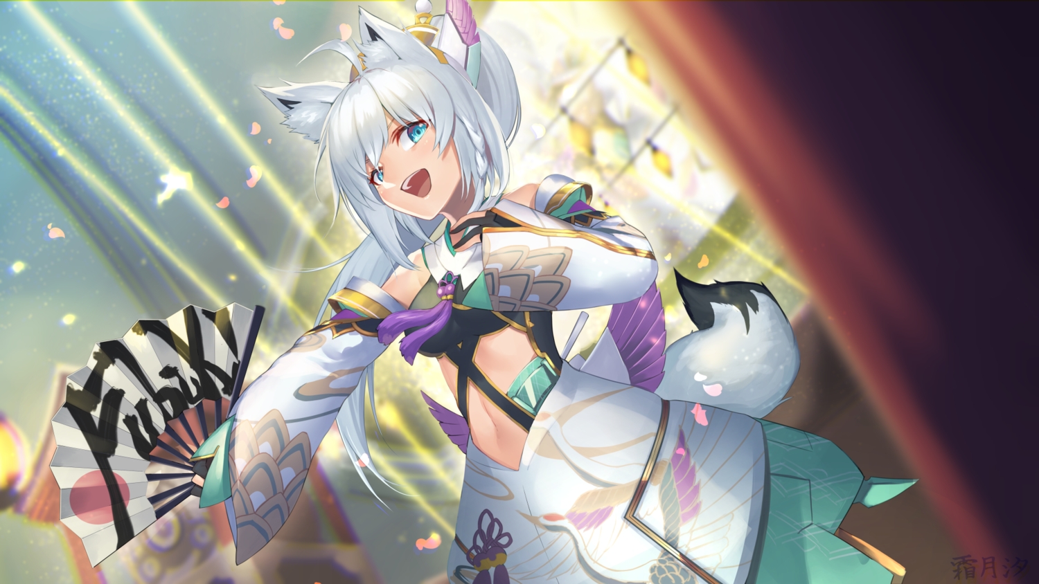 animal_ears, aqua_eyes, cosplay, foxgirl, gloves, gray_hair, hololive, long_hair