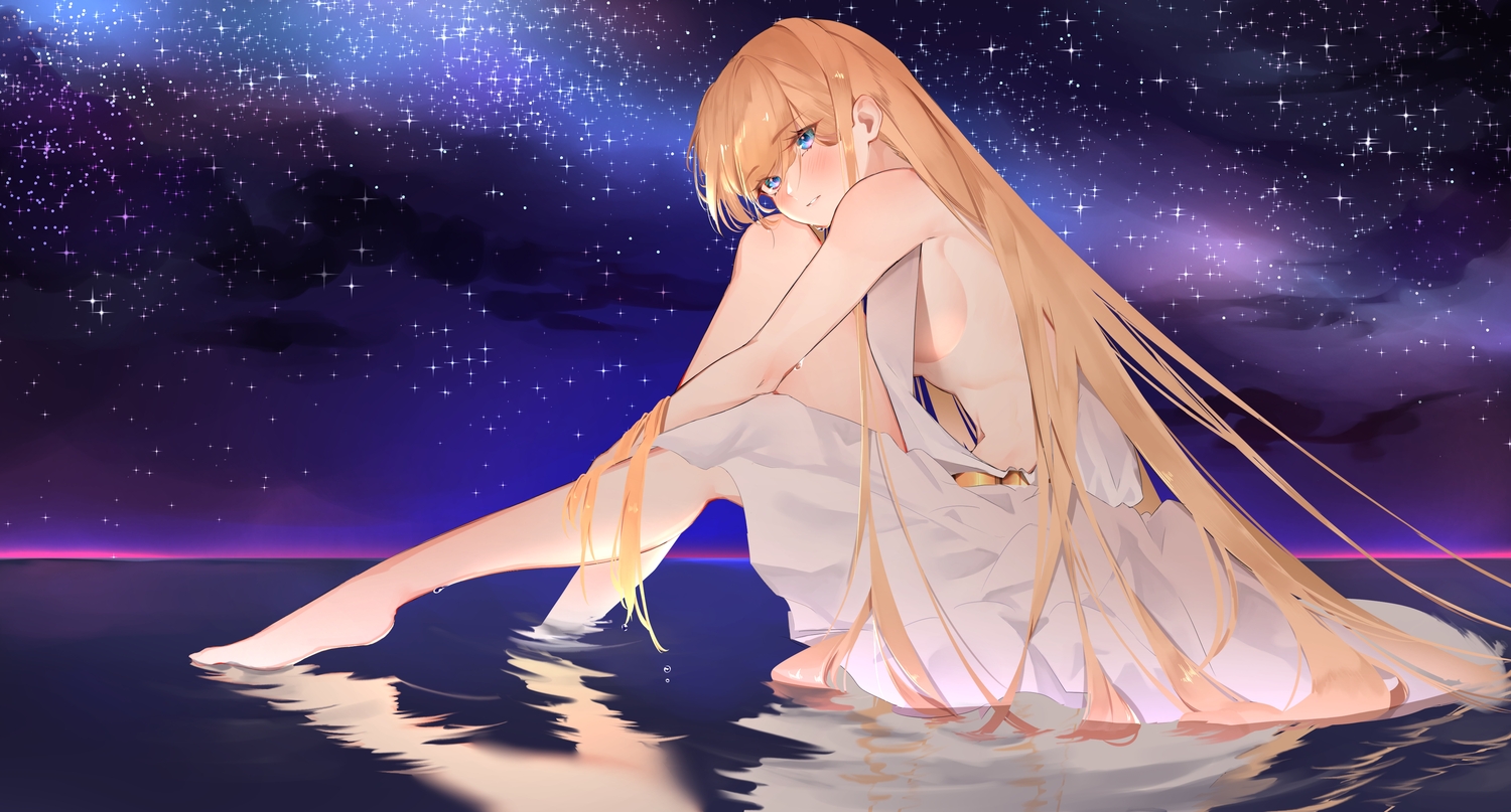 aliasing, aqua_eyes, barefoot, blonde_hair, blush, breasts, dress, long_hair, night, no_bra, original, reflection, sideboob, sky, stars, water, wet, yuya_(pixiv37335712)