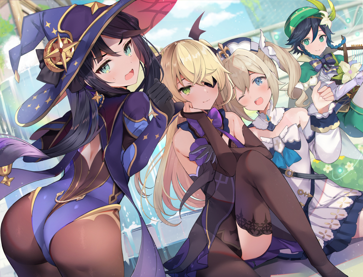 ass, barbara_pegg, dress, eyepatch, fischl_(genshin_impact), genshin_impact, group, hat