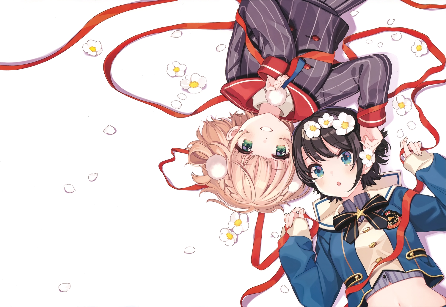 2girls, aqua_eyes, black_hair, blonde_hair, flowers, gray_eyes, hololive, indie_virtual_youtuber