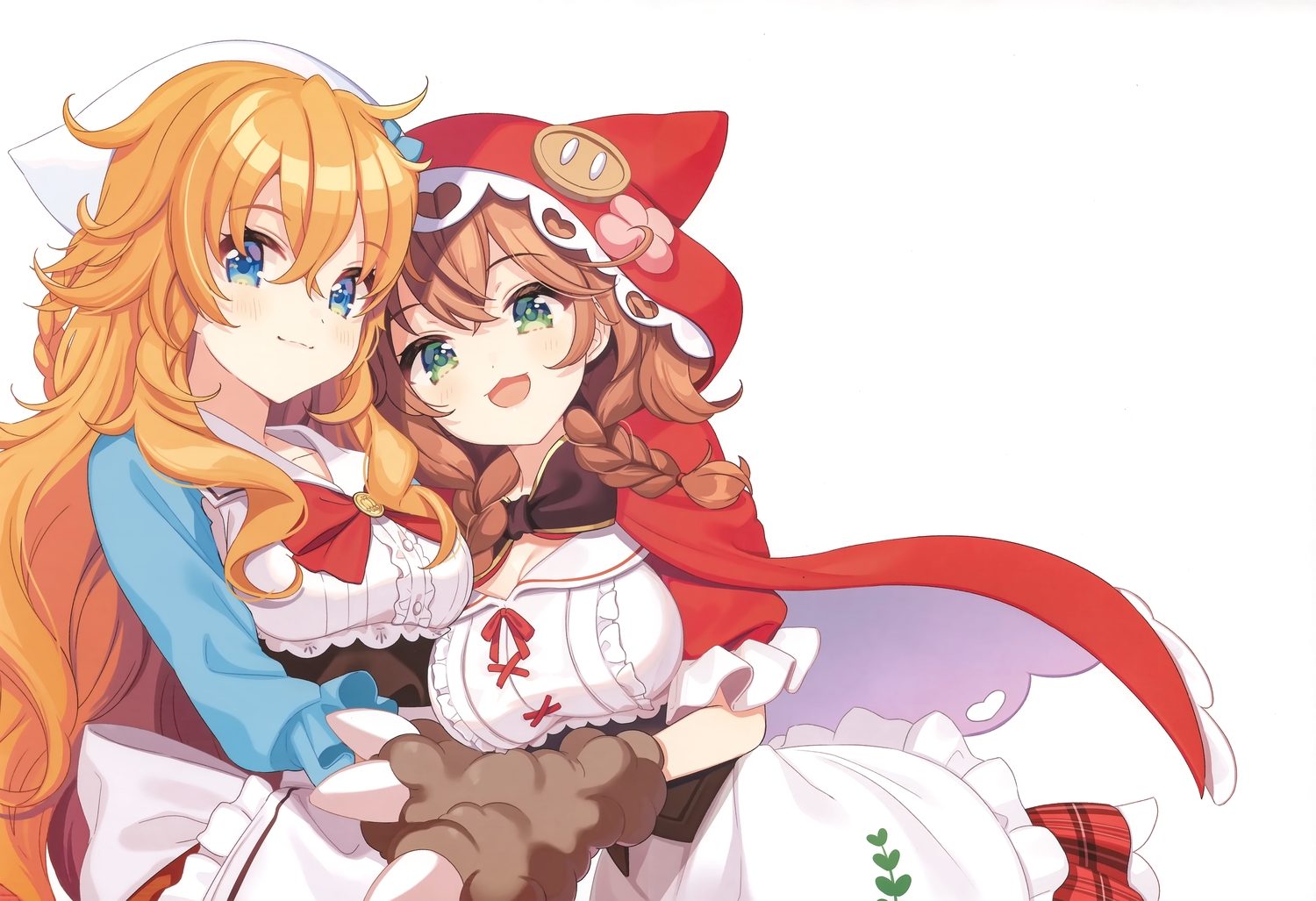 2girls, apron, blue_eyes, breasts, brown_hair, cape, cat_smile, cleavage, gloves, gray_eyes, hat, hood, long_hair, nijisanji, orange_hair, otogibara_era, scan, shigure_ui, third-party_edit, twintails, warabeda_meijii