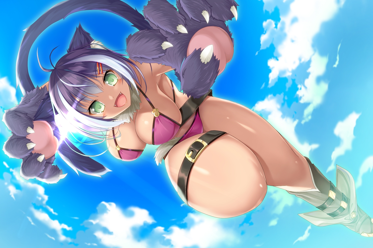 animal_ears, bikini, boots, breasts, catgirl, clouds, dark_skin, fang