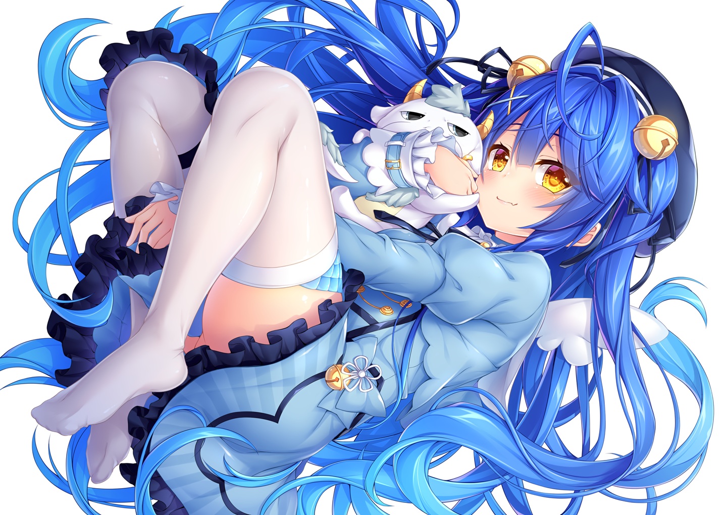 amamiya_kokoro, bell, blue_hair, blush, bow, dress, fang, hat