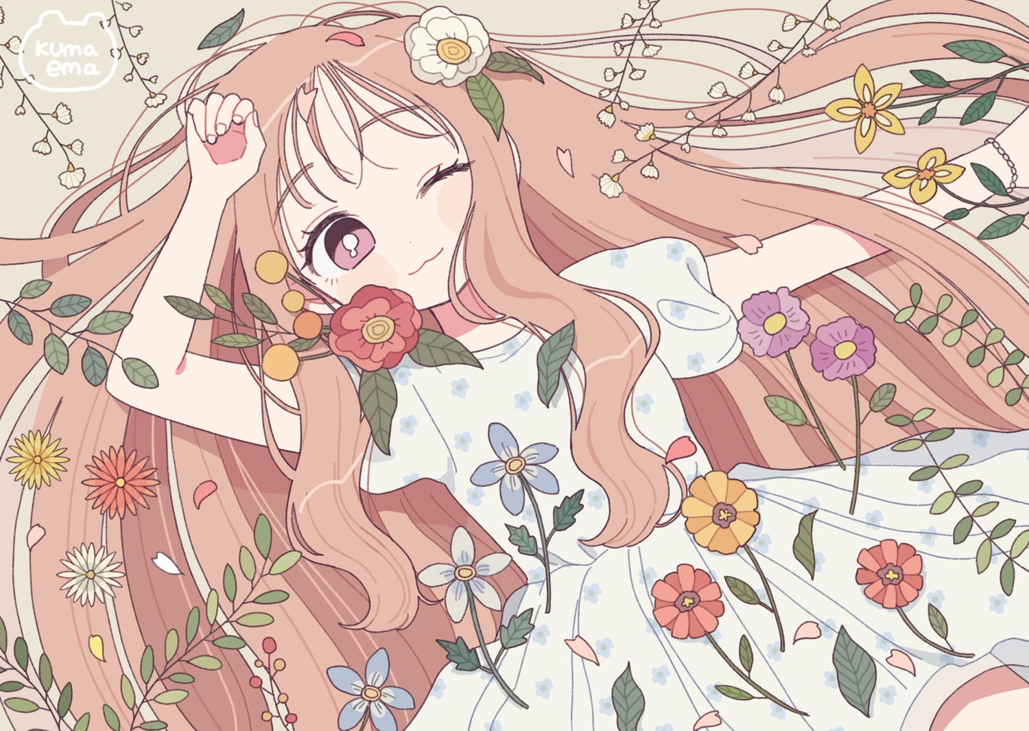 brown_hair, cat_smile, dress, flowers, leaves, long_hair, nokanok, original, petals, purple_eyes, signed, summer_dress, wink