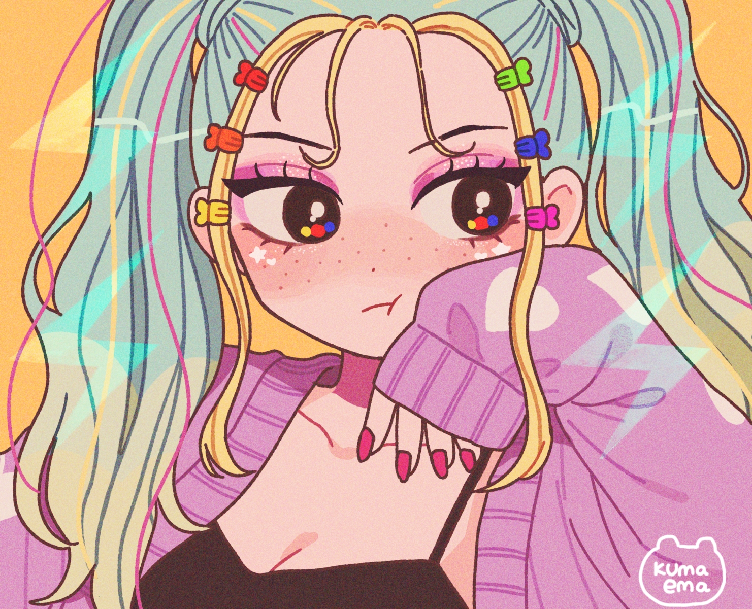 aqua_hair, black_eyes, breasts, cleavage, close, cropped, long_hair, nokanok, orange, original, signed, twintails