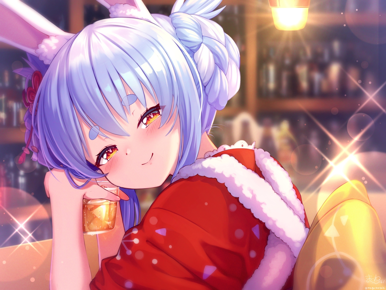 animal_ears, blue_hair, blush, braids, bunny_ears, bunnygirl, christmas, close