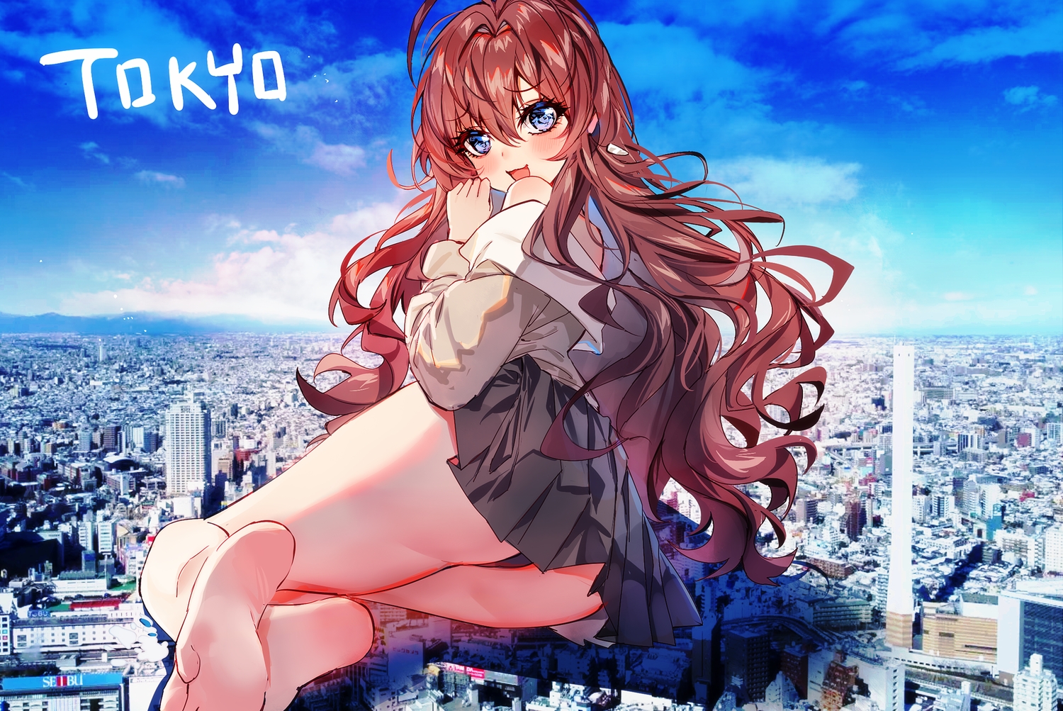 baocaizi, barefoot, blush, brown_hair, building, cat_smile, city, clouds