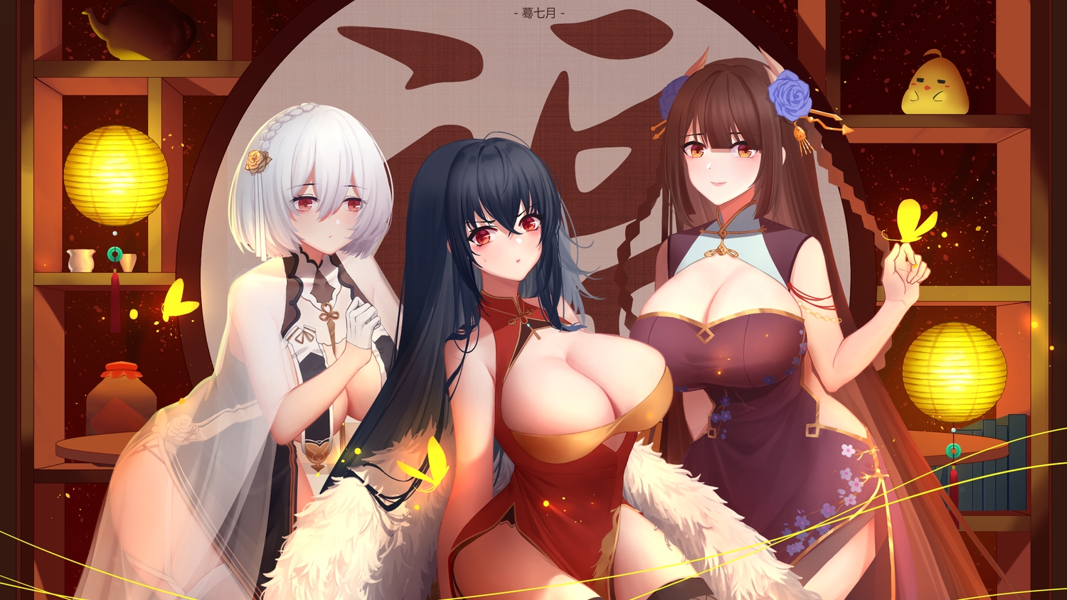 animal, anthropomorphism, azur_lane, bird, black_hair, breasts, brown_hair, chinese_clothes, chinese_dress, cleavage, dress, garter_belt, hiei_(azur_lane), long_hair, manjuu_(azur_lane), moli_qiyue, no_bra, red_eyes, sirius_(azur_lane), taihou_(azur_lane), watermark, white_hair