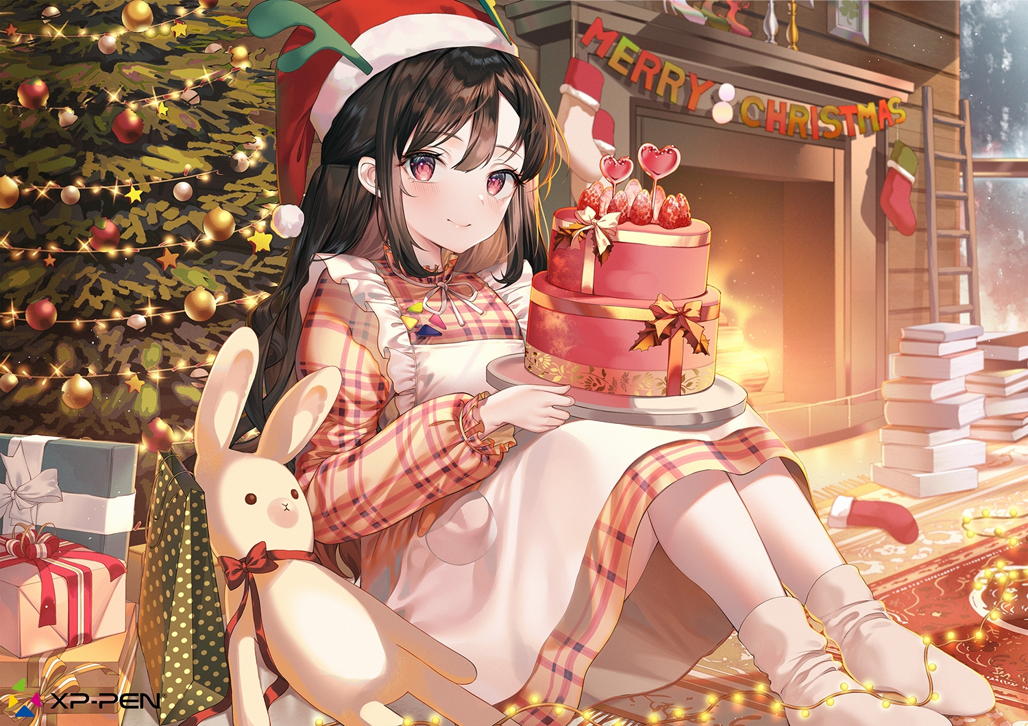 apron, black_hair, book, bunny, christmas, dress, fire, hat, kinty, long_hair, original, purple_eyes, santa_hat, socks, tree, xp-pen