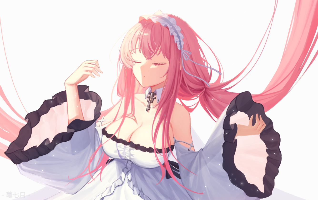 anthropomorphism, azur_lane, breasts, cleavage, headdress, lolita_fashion, long_hair, moli_qiyue, perseus_(azur_lane), pink_hair, twintails, white