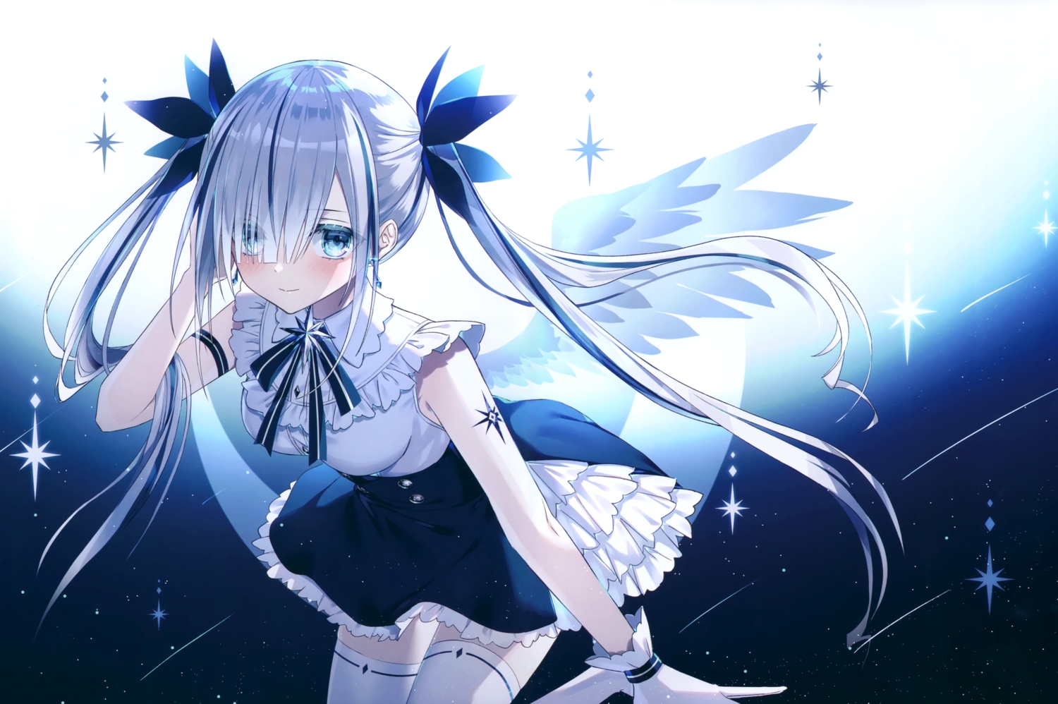 angel, blue_eyes, feathers, gloves, gray_hair, kazunehaka, long_hair, moon, original, polychromatic, scan, skirt, stars, thighhighs, twintails, wings