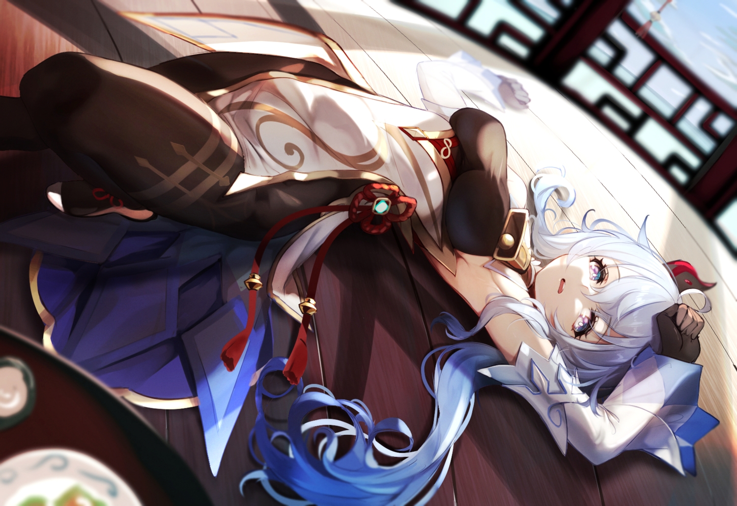 chinese_clothes, ganyu_(genshin_impact), genshin_impact, gloves, gray_hair, homo_1121, horns, long_hair, purple_eyes