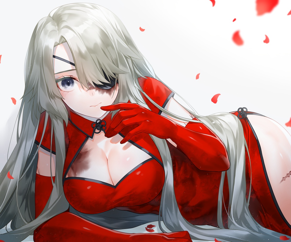 aliasing, blush, breasts, chinese_clothes, chinese_dress, cleavage, dress, elbow_gloves, eyepatch, gloves, gray_eyes, gray_hair, long_hair, original, petals, scar, waka_(shark_waka)