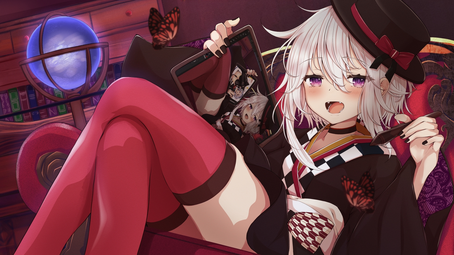 blush, book, butterfly, choker, computer, fang, hat, japanese_clothes