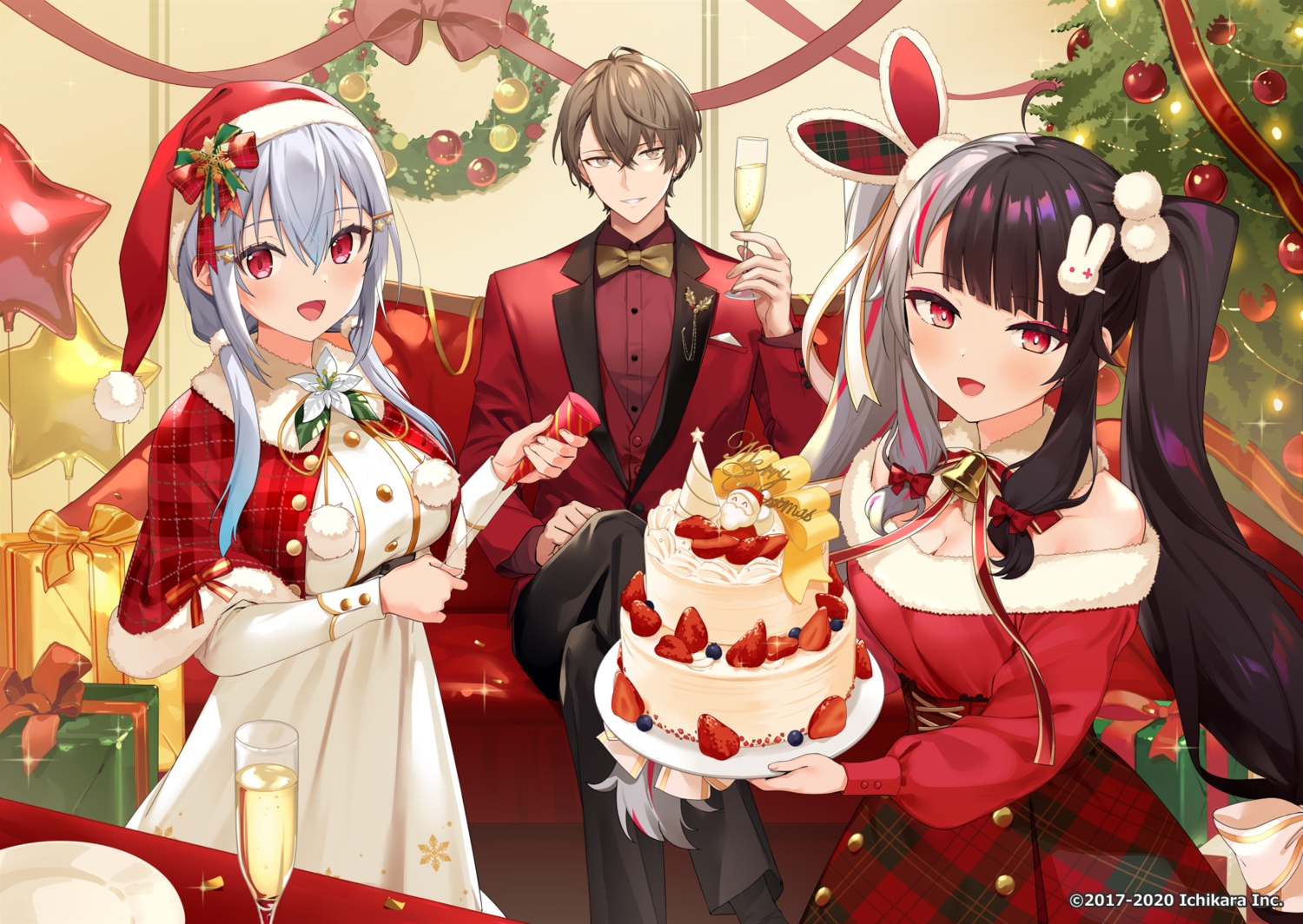 2girls, aliasing, brown_eyes, brown_hair, cake, cape, christmas, dress, drink, food, fruit, gray_hair, hakase_fuyuki, kagami_hayato, male, nijisanji, red_eyes, short_hair, strawberry, suit, tree, twintails, urata_asao, yorumi_rena