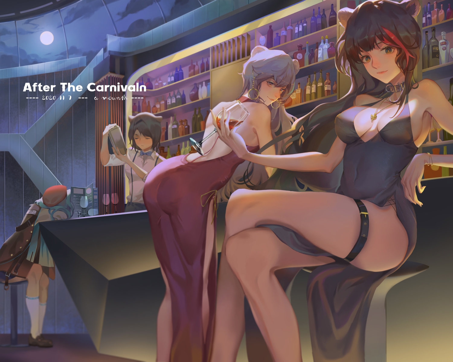 absinthe_(arknights), animal_ears, arknights, choker, clouds, dress, drink, garter, group, istina_(arknights), long_hair, moon, necklace, night, no_bra, qiong_luo, rosa_(arknights), sky, zima_(arknights)