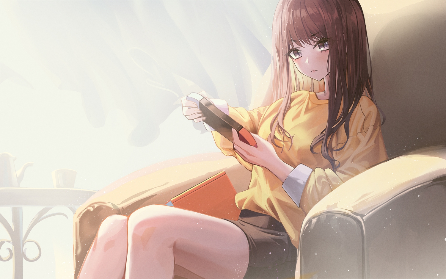 brown_eyes, brown_hair, game_console, long_hair, original, skirt, xeonomi