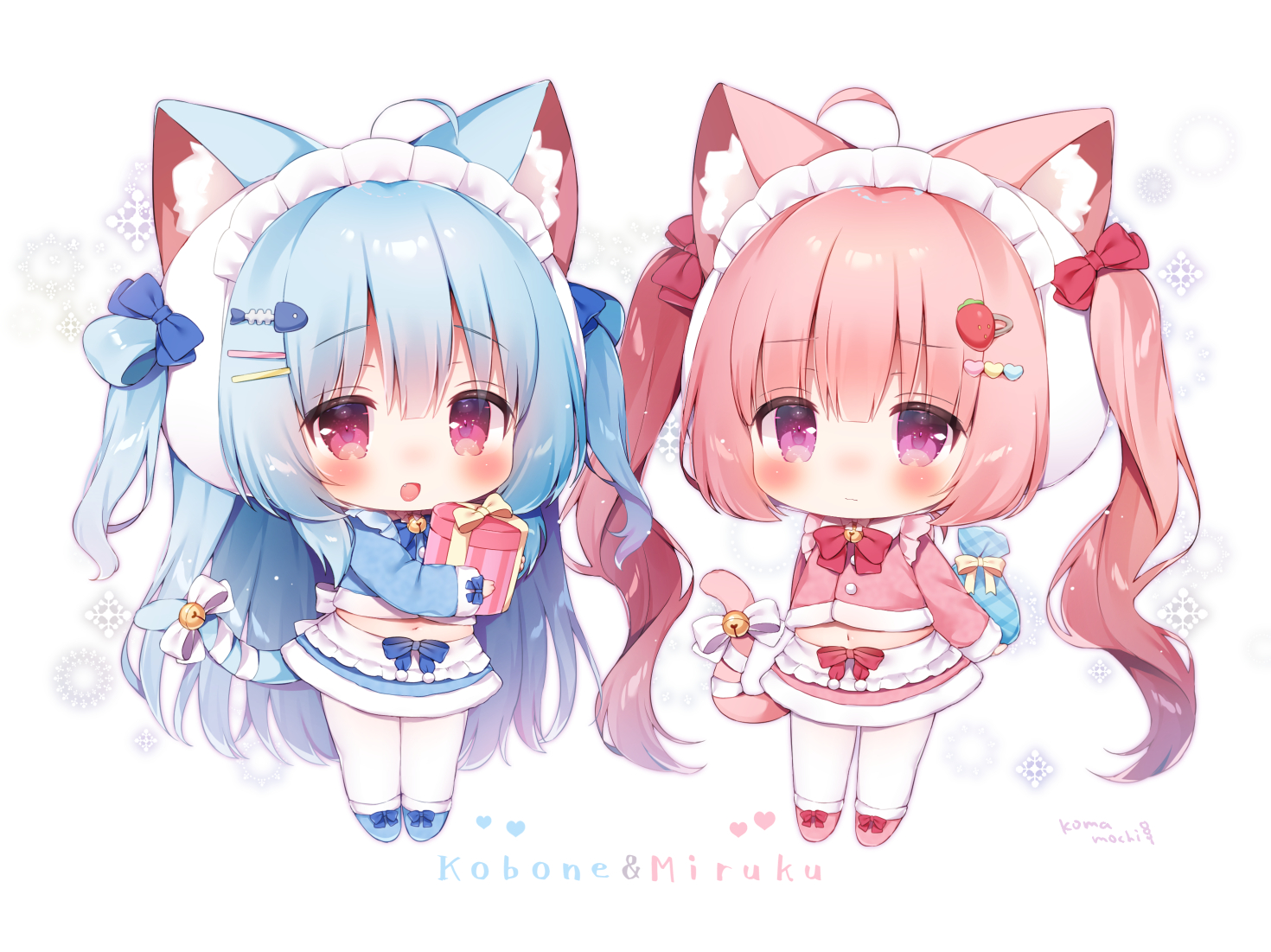 animal_ears, bell, blue_hair, bow, catgirl, chibi, christmas, fang, headdress, heart, kobone_(koma_momozu), koma_momozu, lolita_fashion, maid, miruku_(koma_momozu), navel, original, pantyhose, pink_hair, purple_eyes, red_eyes, ribbons, signed, skirt, snow, tail, twintails, white