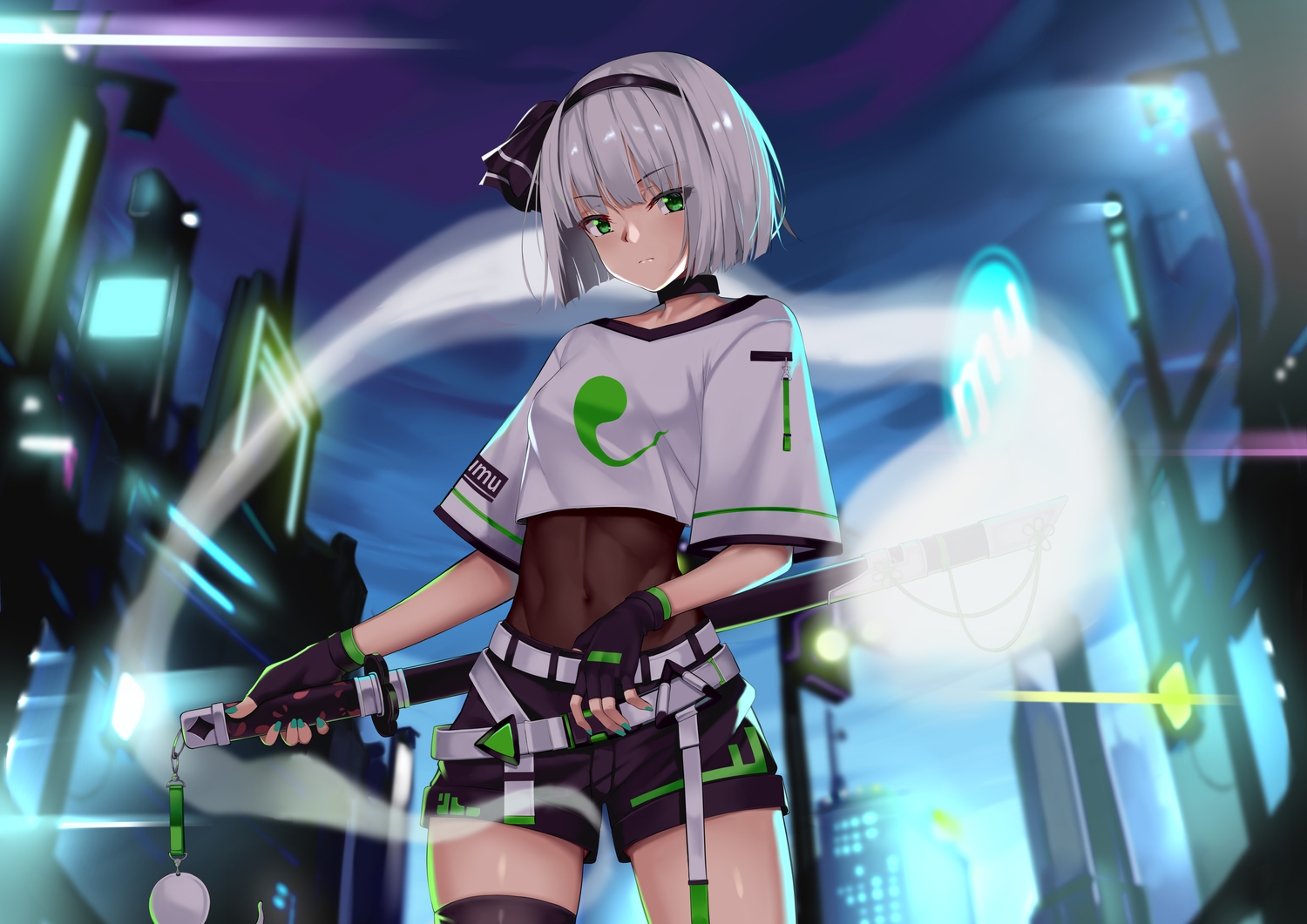 aoi_(buzhuen444), choker, gloves, gray_hair, green_eyes, katana, konpaku_youmu, myon
