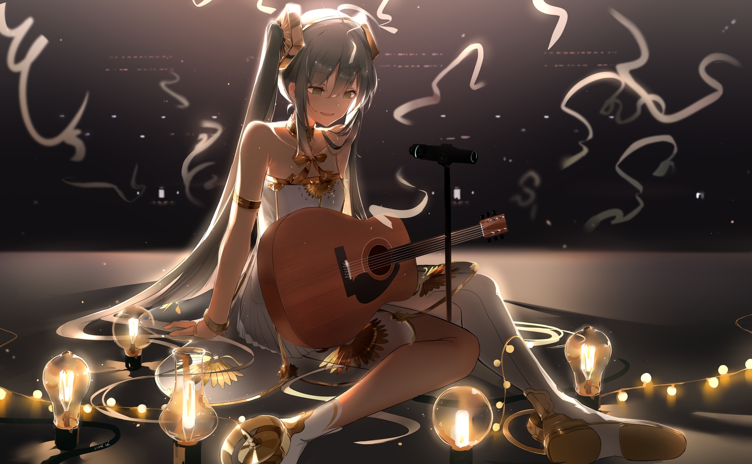 dleung, dress, green_eyes, green_hair, guitar, hatsune_miku, instrument, long_hair