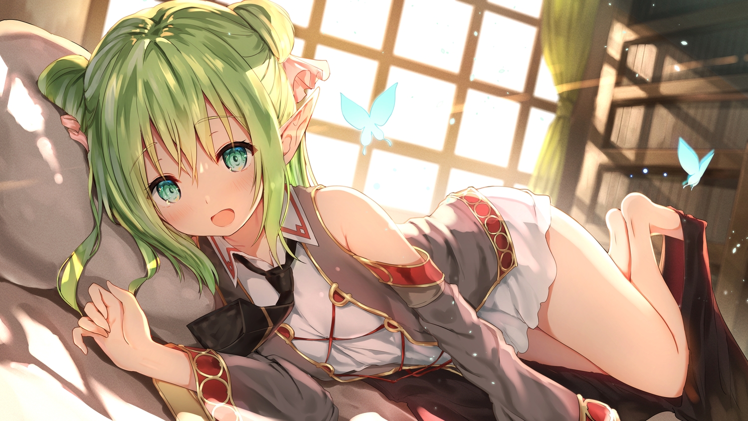 aliasing, bed, blush, butterfly, cecile_leica_engel_berglund, dress, green_eyes, green_hair