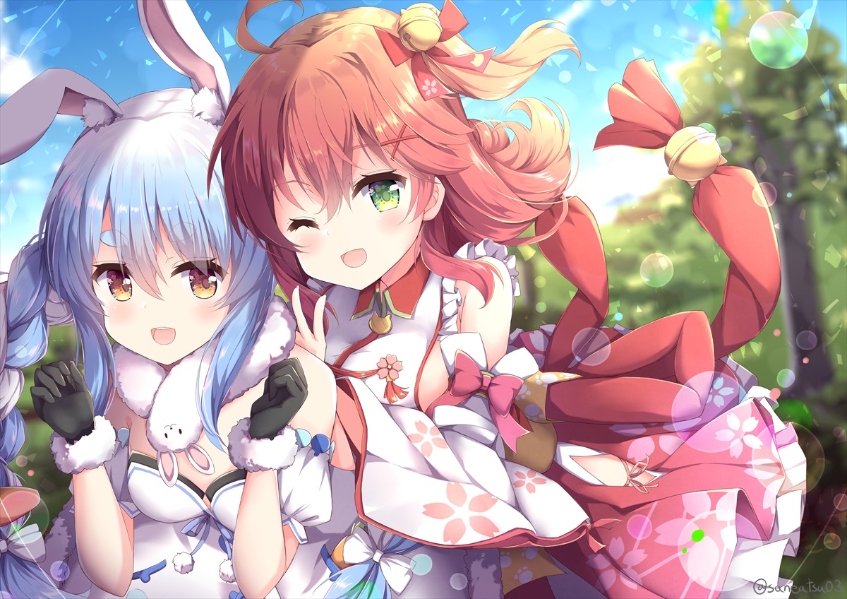 2girls, animal_ears, bell, blush, braids, bunny_ears, bunnygirl, gloves