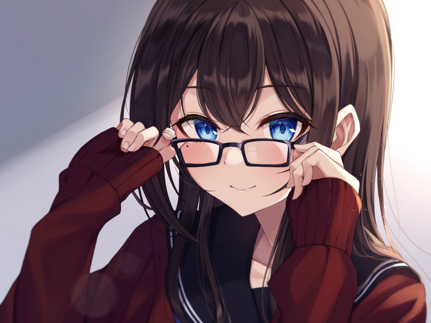 blue_eyes, blush, brown_hair, close, glasses, gradient, kurousagi_yuu, long_hair, original, school_uniform