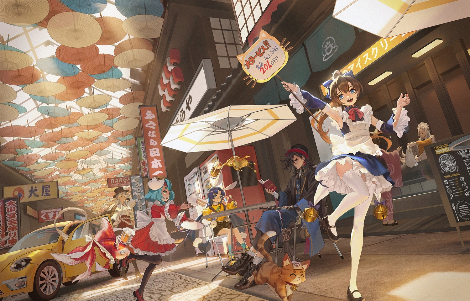 animal, animal_ears, blue_eyes, brown_hair, building, bunny_ears, bunnygirl, car, cat, drink, fish, group, hat, loli, long_hair, maid, male, onmyouji, ponytail, susabi_(onmyouji), tagme_(character), thighhighs, ttk_(kirinottk), umbrella, white_hair