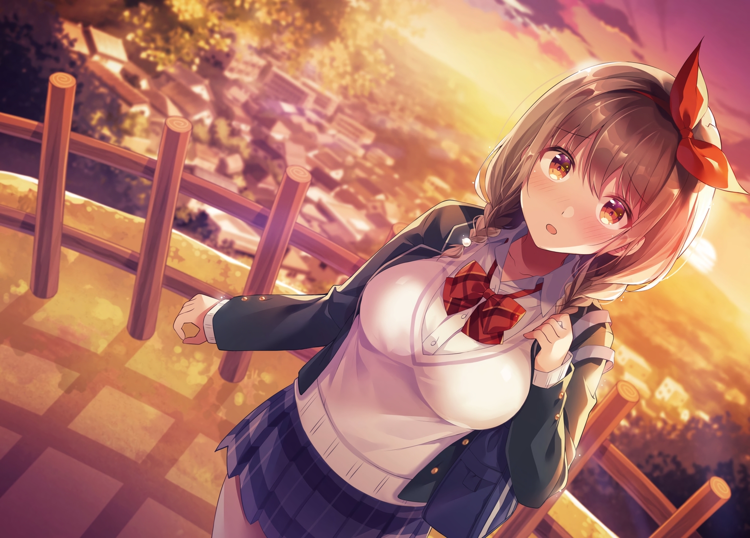 bow, braids, original, school_uniform, shiro_kuma_shake, skirt, sunset, twintails