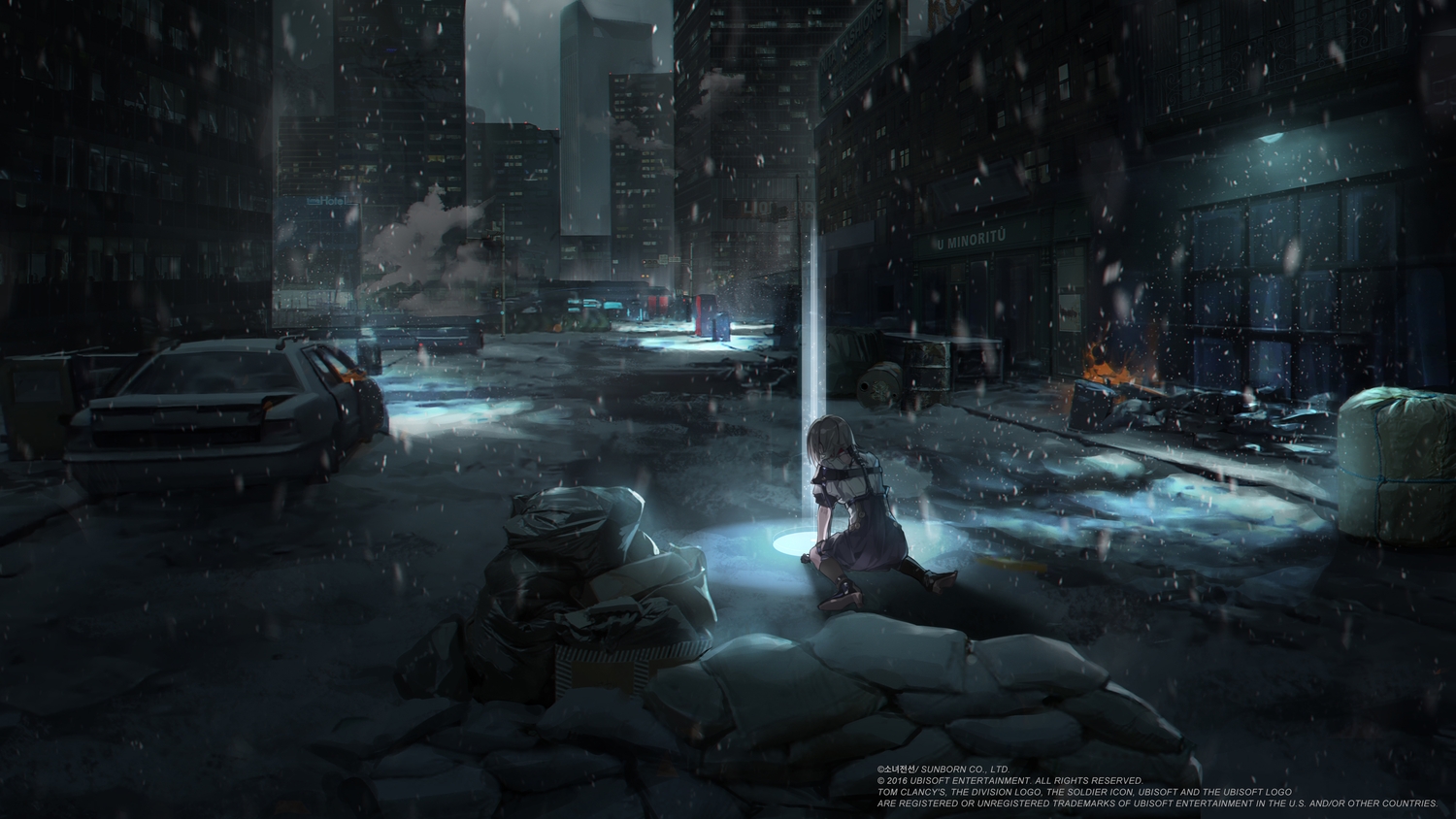 anthropomorphism, building, city, fire, girls_frontline, gray_hair, night, short_hair