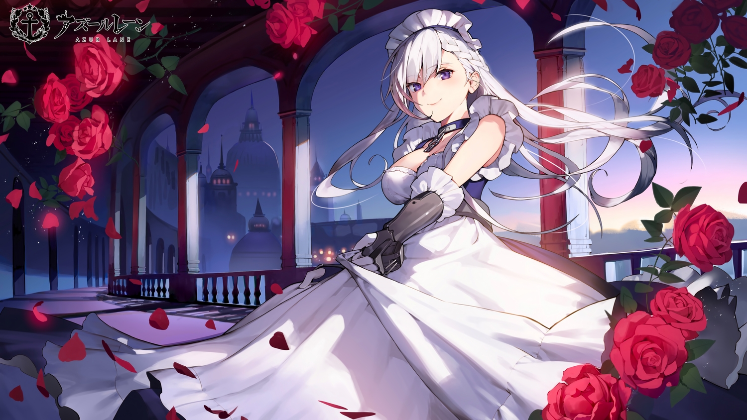 anthropomorphism, apron, azur_lane, belfast_(azur_lane), breasts, cleavage, flowers, gloves