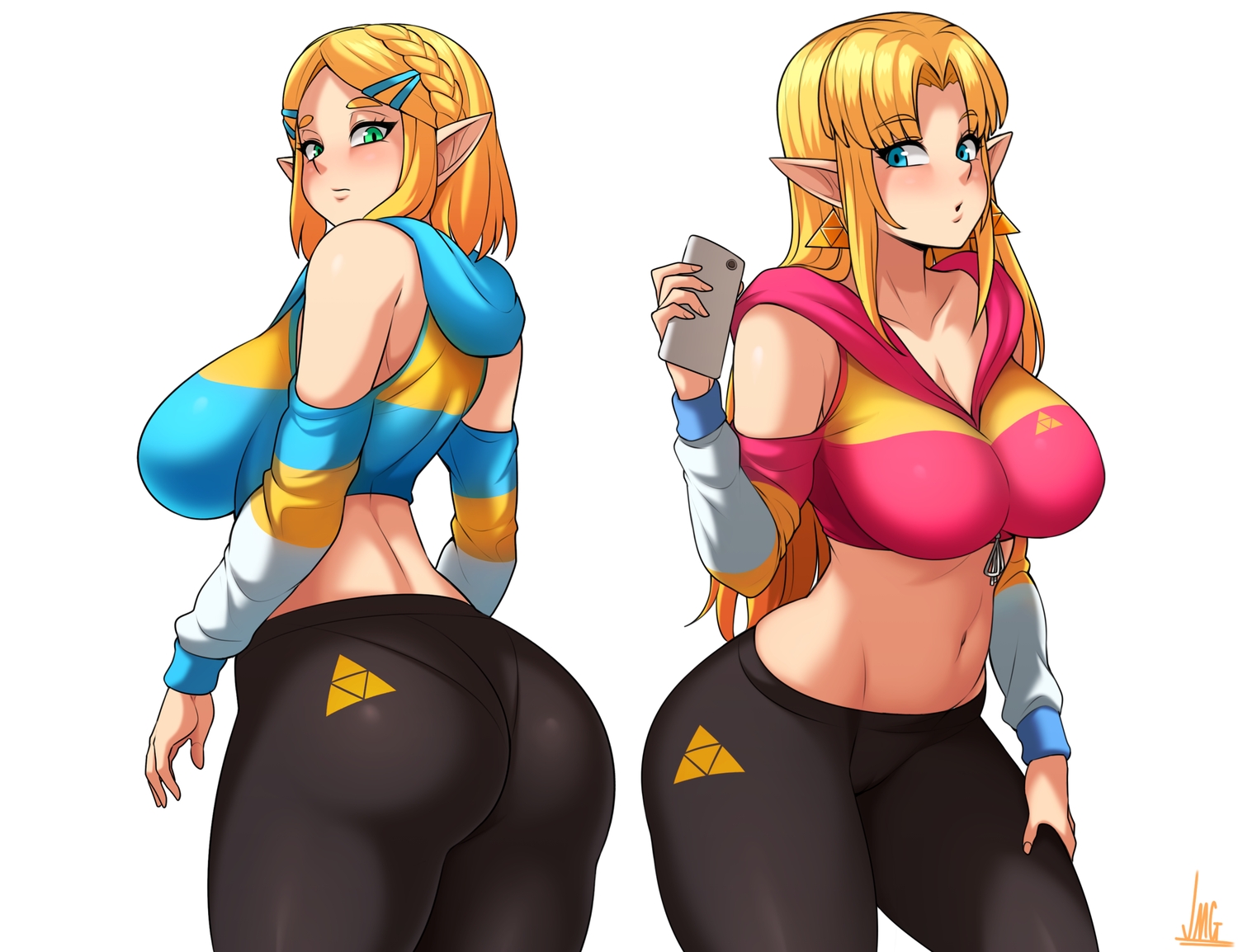 aqua_eyes, ass, blonde_hair, braids, breasts, cameltoe, cleavage, green_eyes, hood, jmg, long_hair, navel, phone, pointed_ears, princess_zelda, short_hair, signed, skintight, the_legend_of_zelda