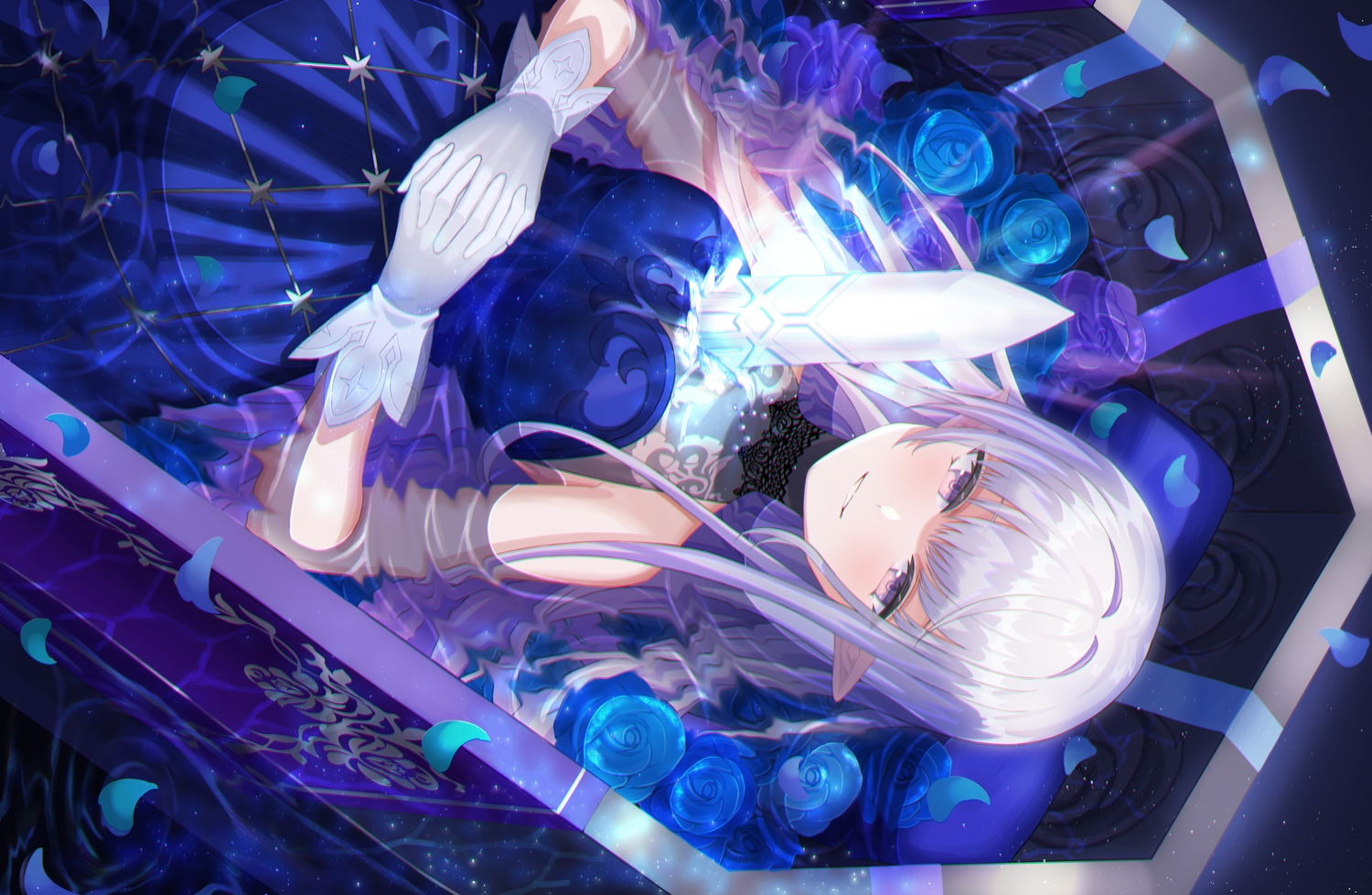 amahara_subaru, dress, flowers, gloves, gray_hair, long_hair, original, petals