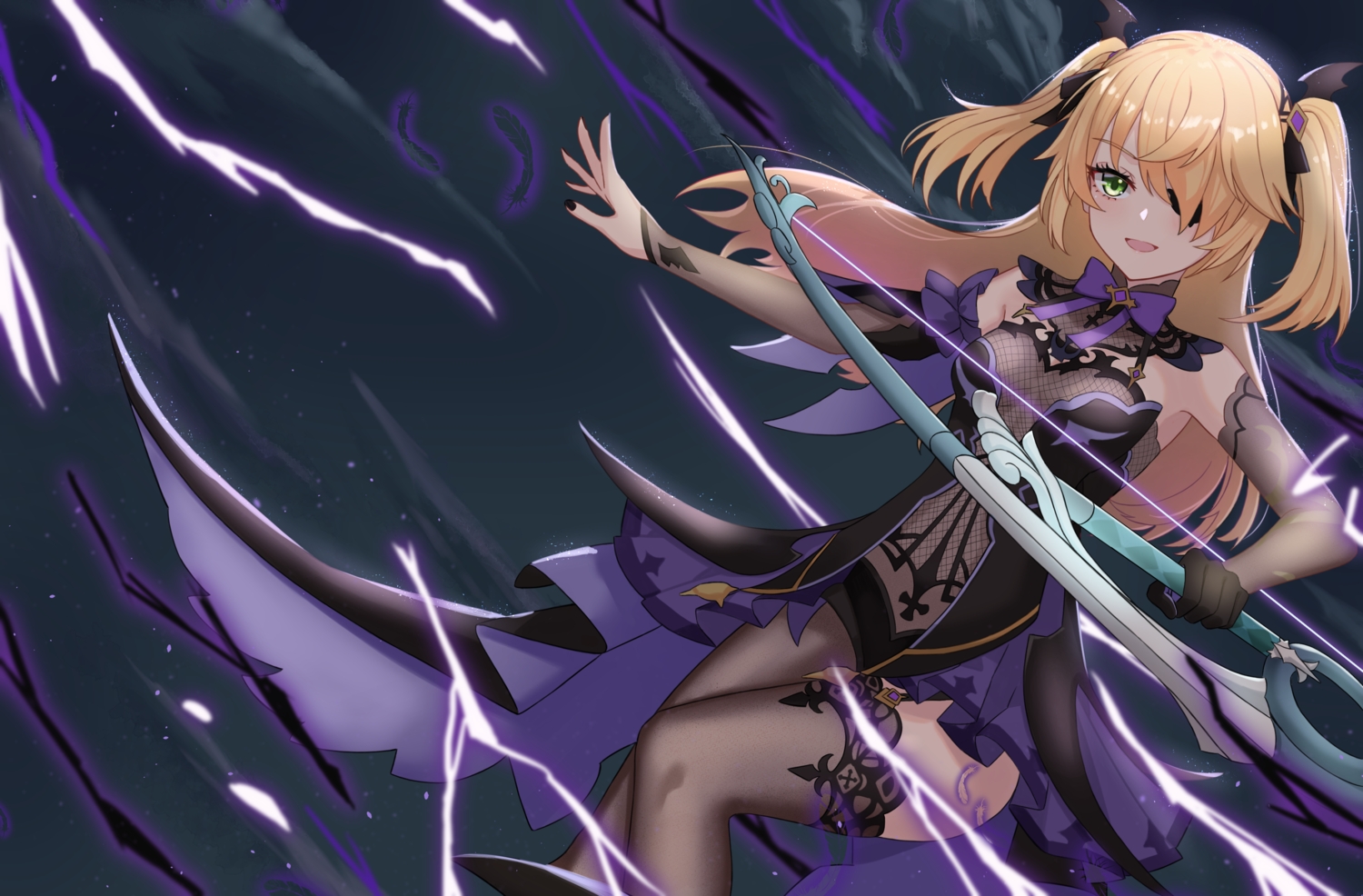 blonde_hair, bow_(weapon), eyepatch, feathers, fischl_(genshin_impact), garter_belt, genshin_impact, green_eyes