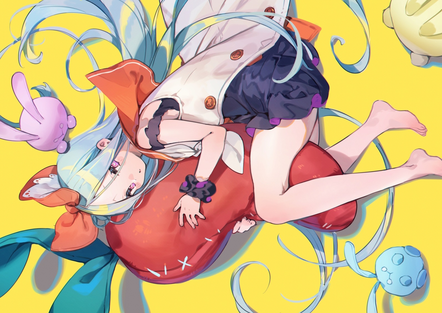 aqua_hair, barefoot, blush, bow, bukurote, dress, long_hair, original