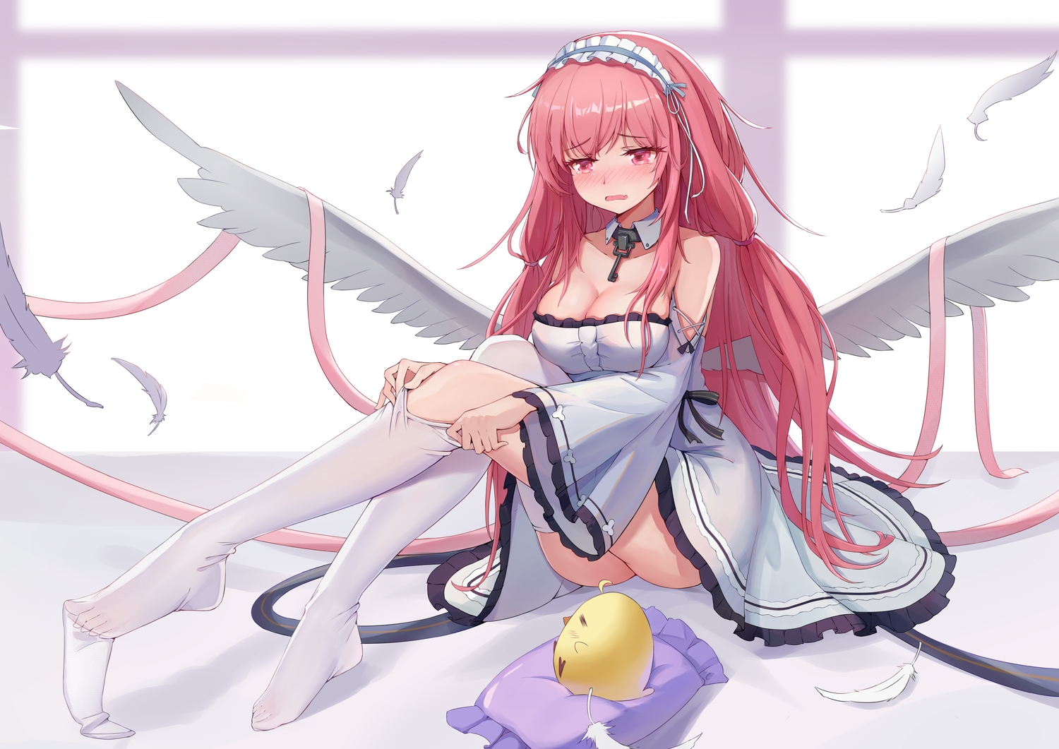 animal, anthropomorphism, azur_lane, bird, breasts, cleavage, dress, feathers, manjuu_(azur_lane), perseus_(azur_lane), tears, user_wewj3337, wings