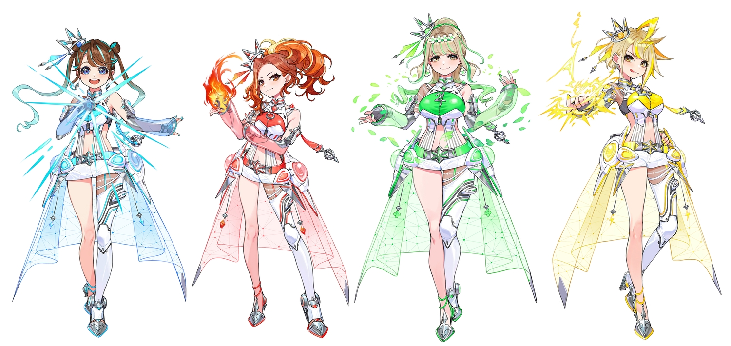 blonde_hair, blue_eyes, brown_eyes, brown_hair, crown, fire, garter_belt, gloves