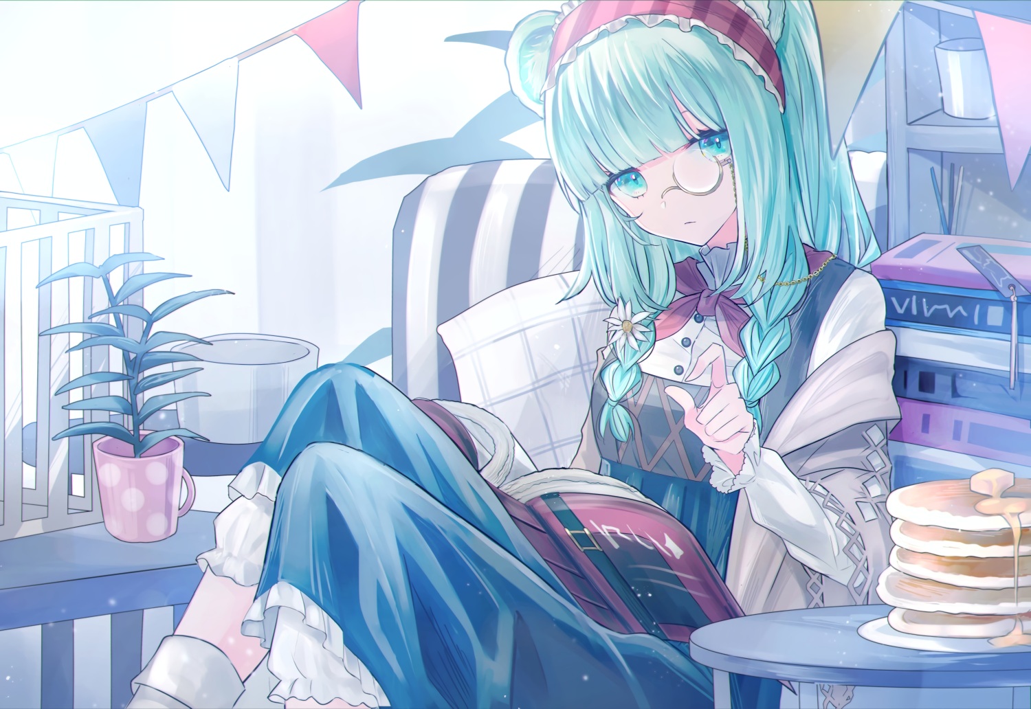 aqua_eyes, aqua_hair, arknights, book, dress, flowers, food, glasses, istina_(arknights), long_hair, seia_(tikxxx), twintails